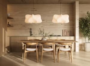 Japandi minimalist kitchen with honed travertine countertops, warm beige cabinetry, and clean-lined wooden accents — MyTipee’s harmony of Japanese serenity and Scandinavian functionality.
